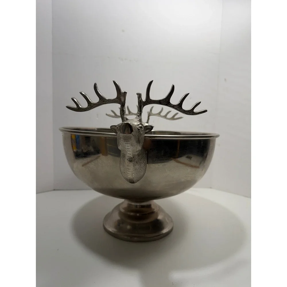 Silver Stag Head Punch Bowl Antler Handle Reindeer Ice Bucket Lodge Decor 10in‎